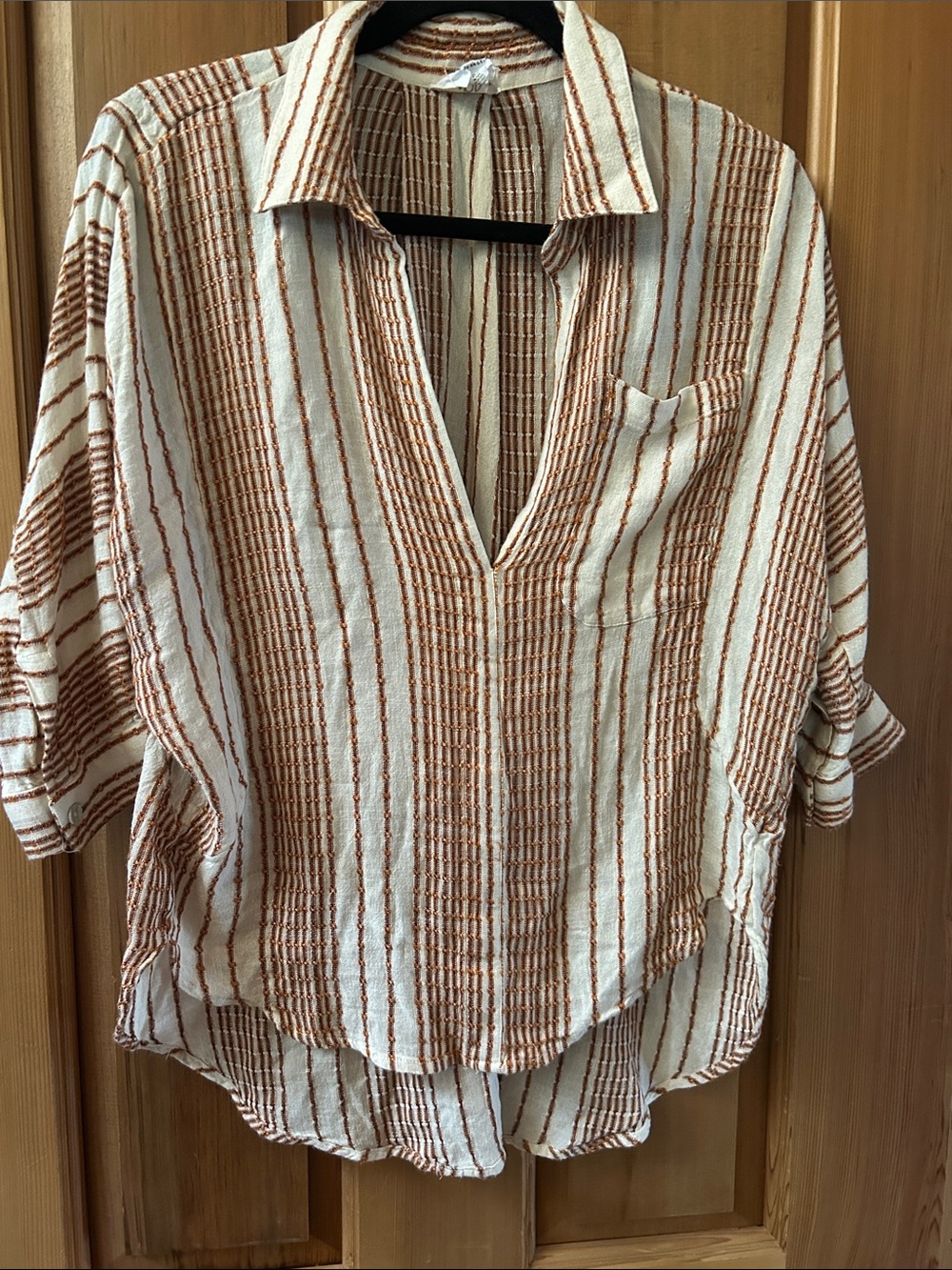 dRA Los Angeles Cream and Rust Stripe V-Neck Button-Front Shirt